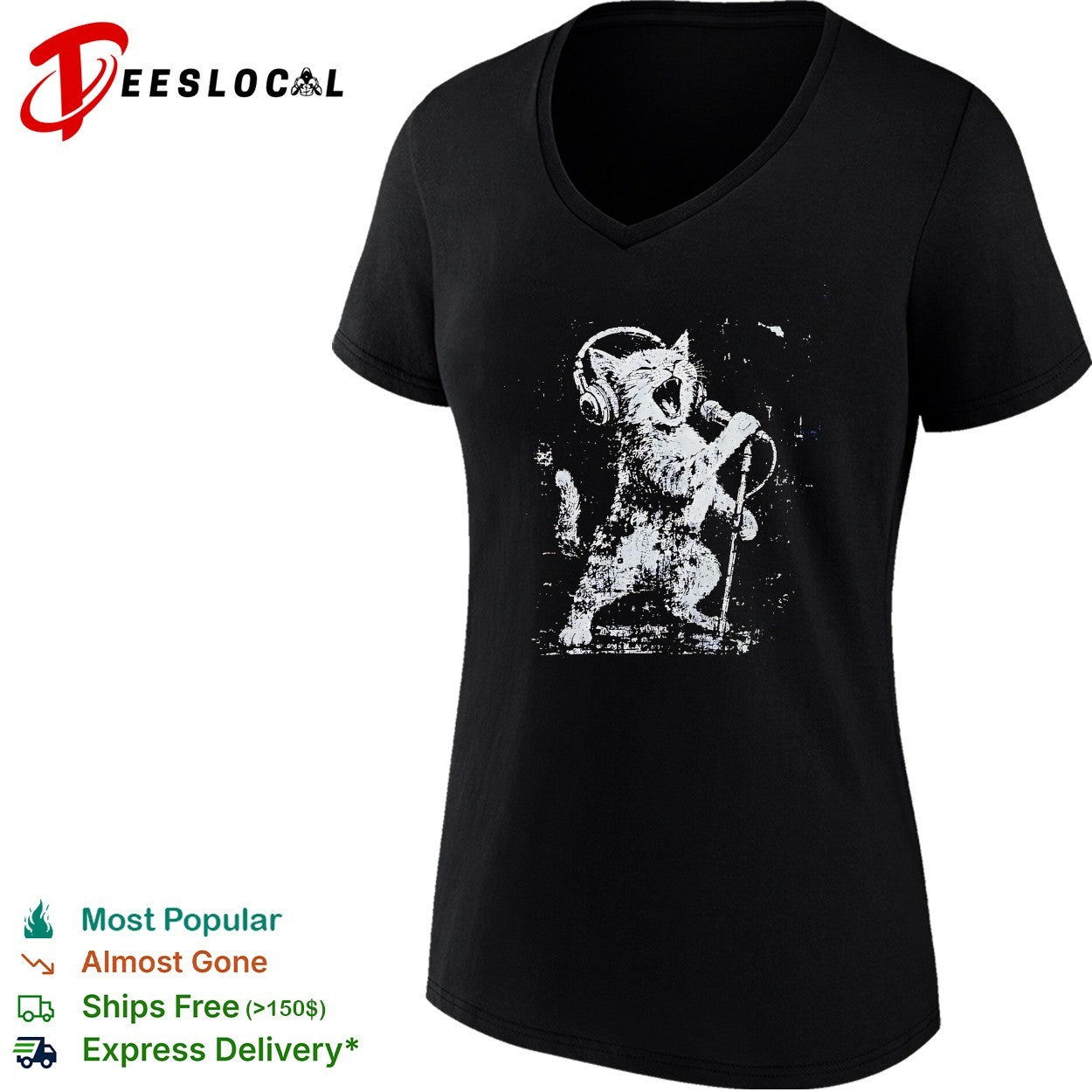 Rockstar cat headphones microphone shirt