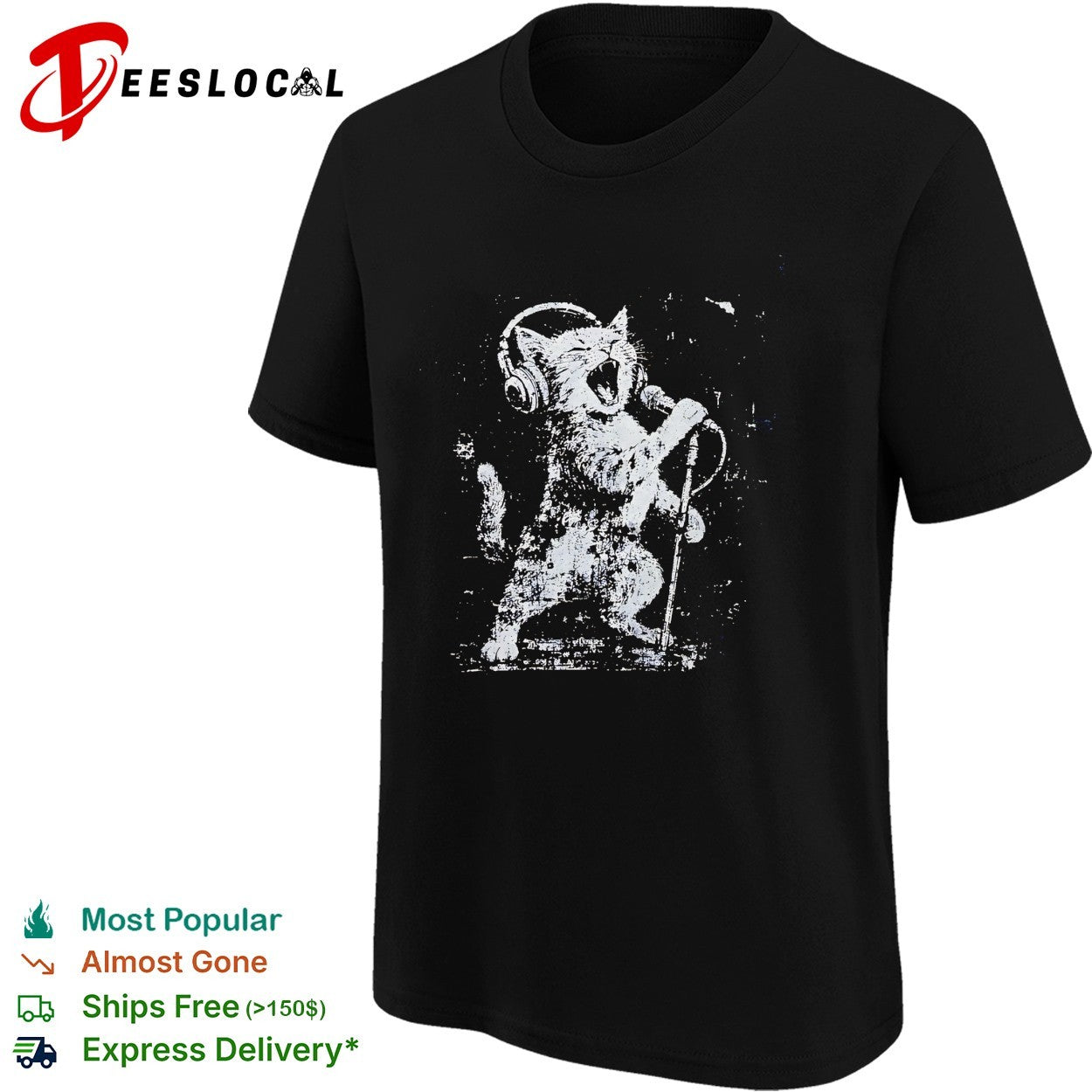Rockstar cat headphones microphone shirt