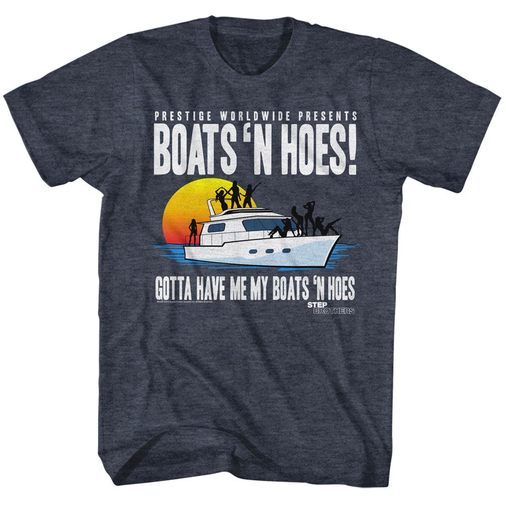 Step Brothers - Boat With Saucy Gals - Blue Short Sleeve Heather Adult T-Shirt - clothing by TeeHivey.com (Image 1)