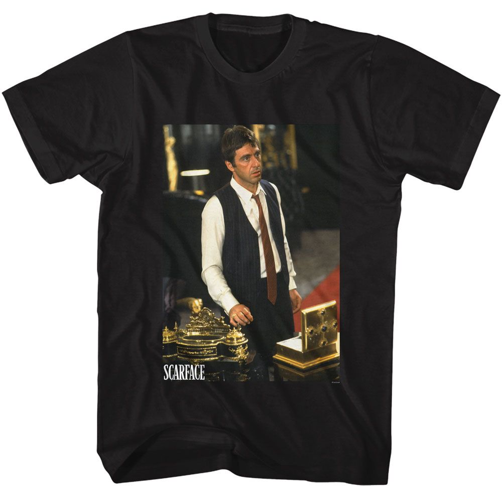 Scarface - Tony At His Desk - American Classics - Solid Black Adult Short Sleeve T-Shirt - clothing by TeeHivey.com (Image 1)