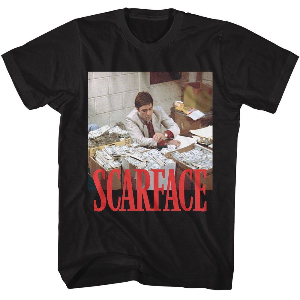 Scarface - Money Stacks - American Classics - Solid Black Adult Short Sleeve T-Shirt