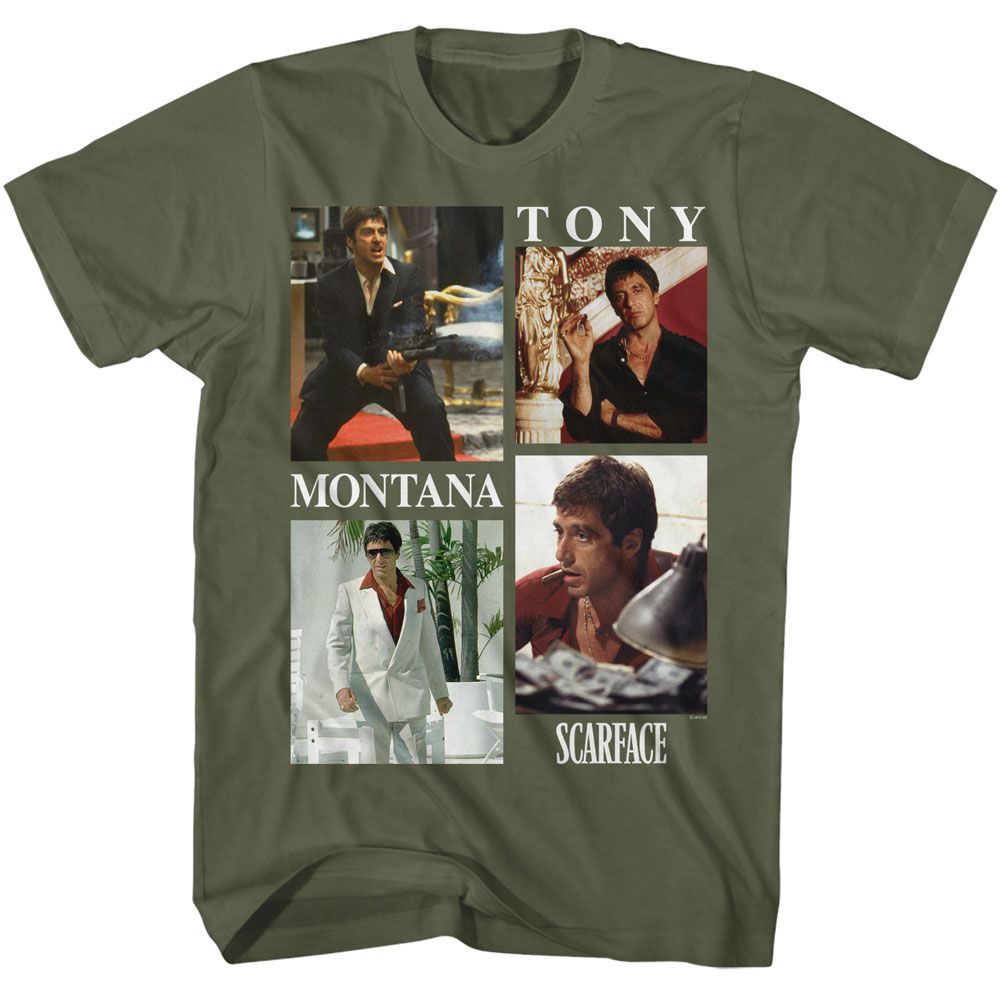 Scarface - Montana Collage - American Classics - Solid Green Adult Short Sleeve T-Shirt