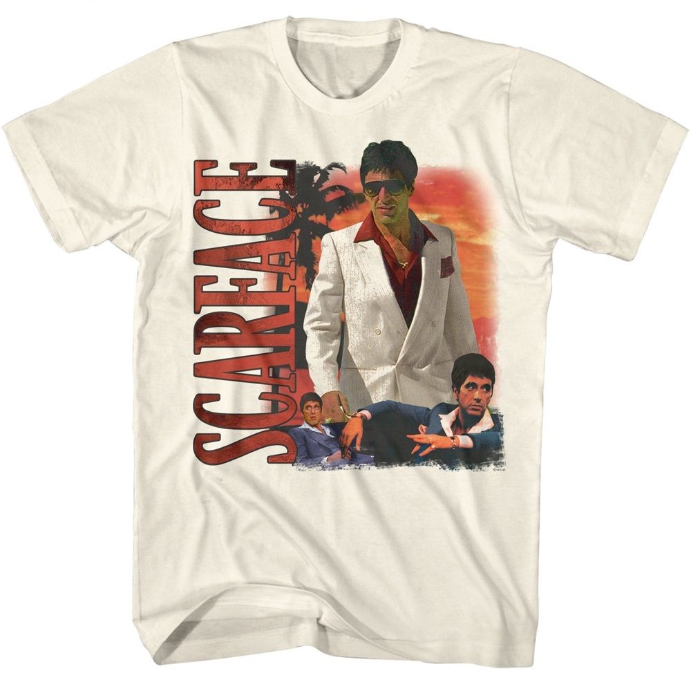 Scarface - Palm Tree Sunset Background - American Classics - Solid Off-White Adult Short Sleeve T-Shirt (Image 1)