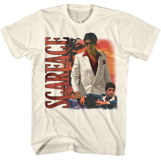 Scarface - Palm Tree Sunset Background - American Classics - Solid Off-White Adult Short Sleeve T-Shirt (Image 1)