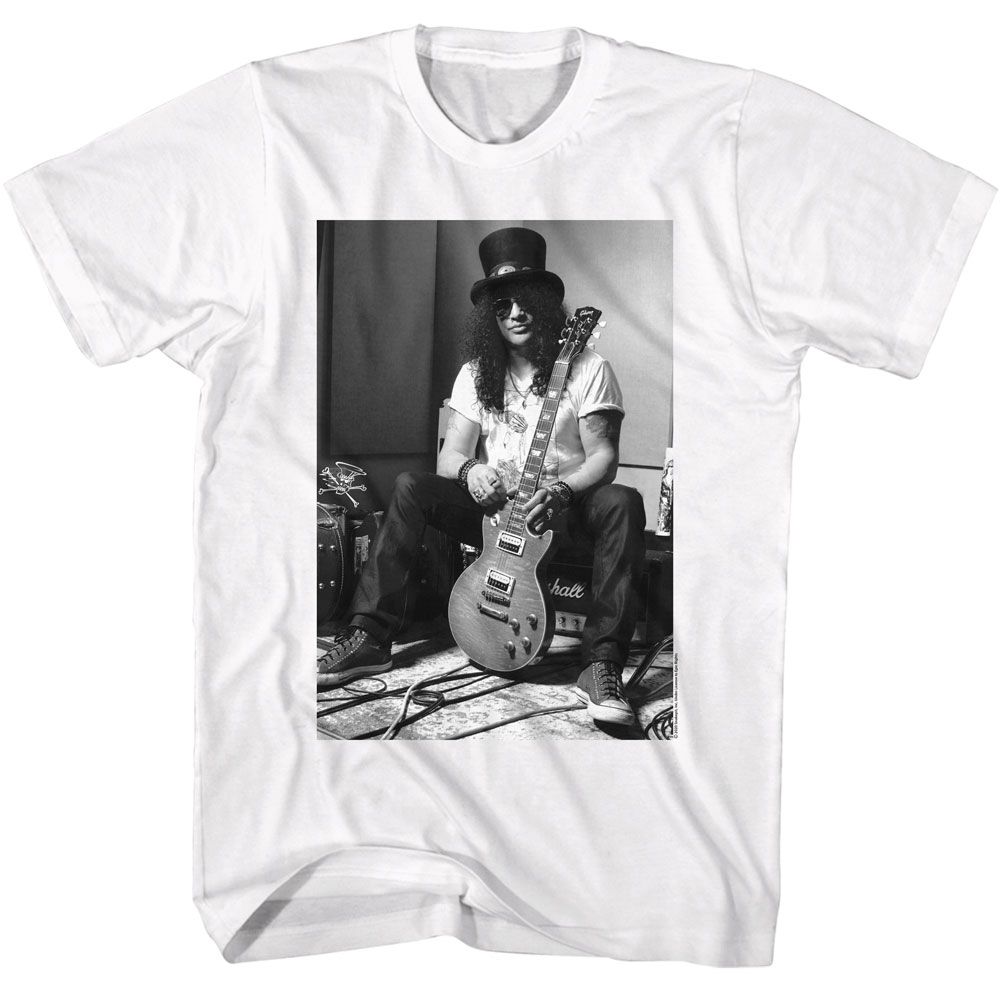 Slash - Black & White Guitar - American Classics - Solid White Adult Short Sleeve T-Shirt (Image 1)