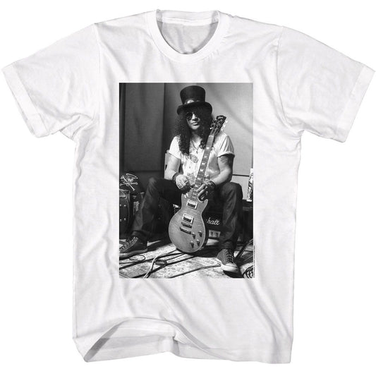 Slash - Black & White Guitar - American Classics - Solid White Adult Short Sleeve T-Shirt (Image 1)