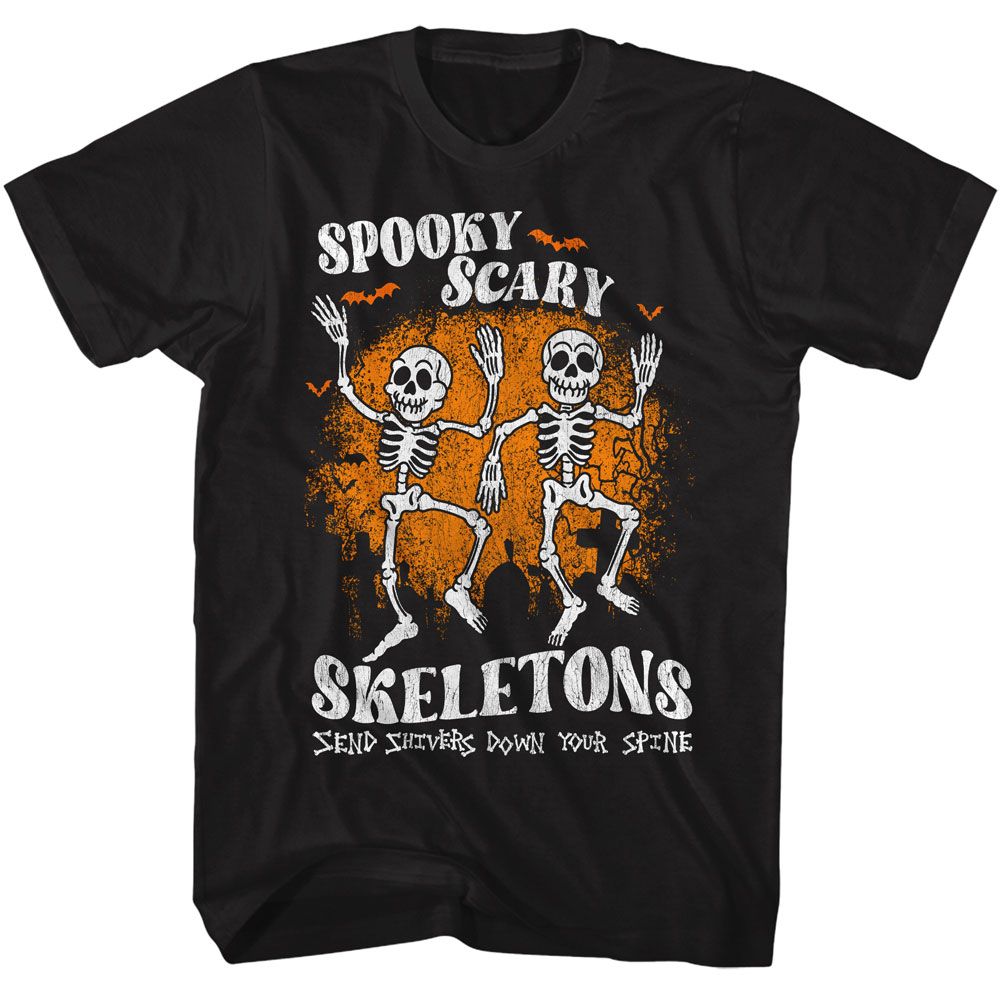 Spooky Scary Skeletons Bats And Graves Black Solid Adult Short Sleeve T-Shirt - clothing by TeeHivey.com (Image 1)