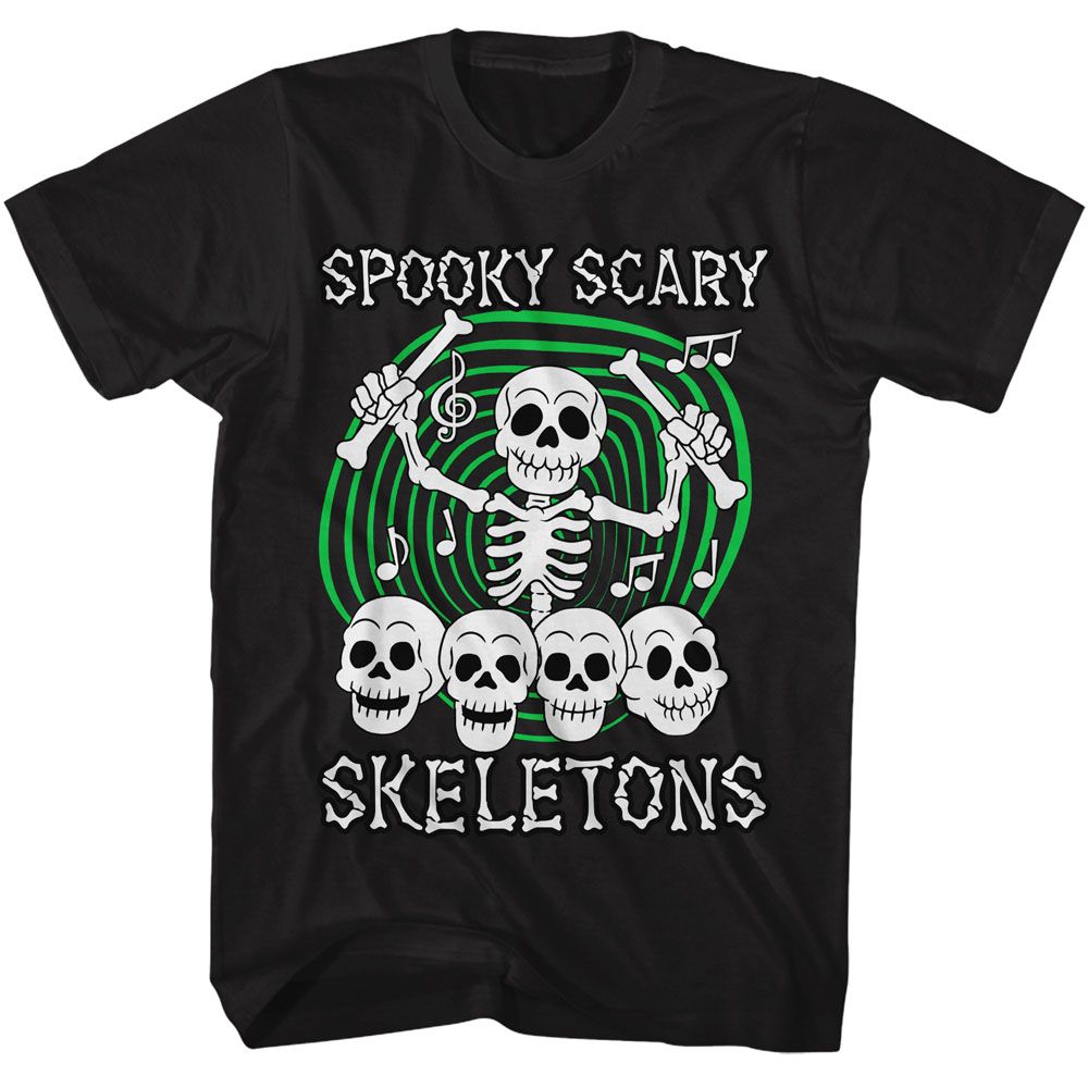Spooky Scary Skeletons Skull Drummer Black Solid Adult Short Sleeve T-Shirt - clothing by TeeHivey.com (Image 1)