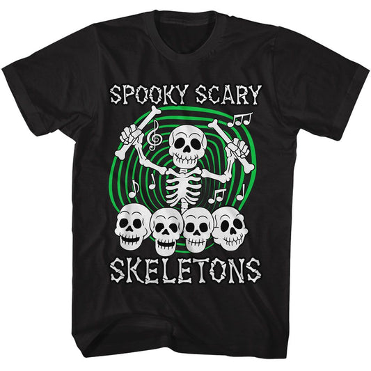 Spooky Scary Skeletons Skull Drummer Black Solid Adult Short Sleeve T-Shirt - clothing by TeeHivey.com (Image 1)