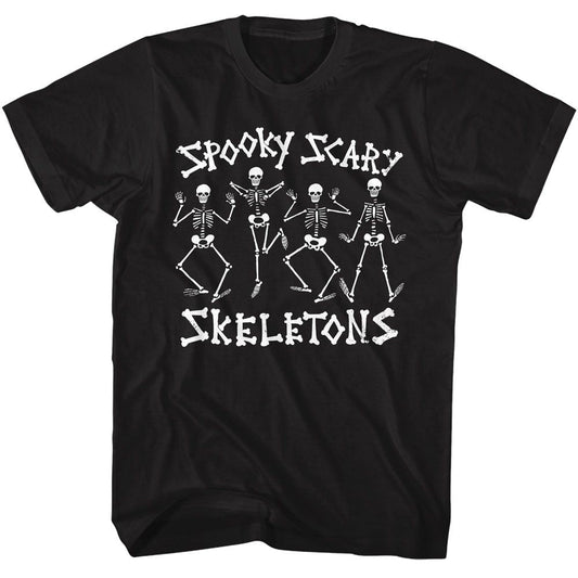 Spooky Scary Skeletons Dancing Skeletons Black Solid Adult Short Sleeve T-Shirt - clothing by TeeHivey.com (Image 1)