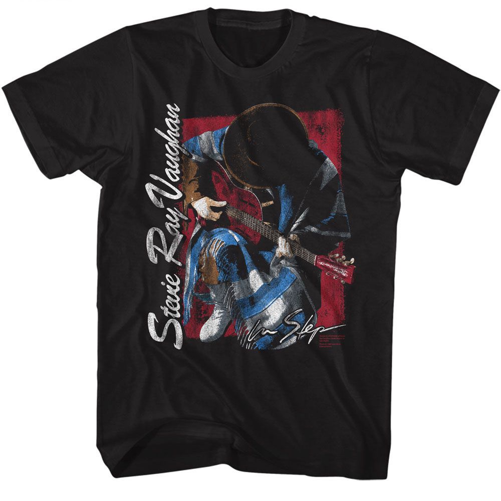 Stevie Ray Vaughan - Kneeling - American Classics - Solid Black Adult Short Sleeve T-Shirt (Image 1)