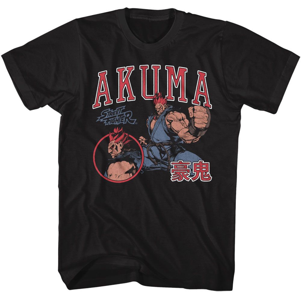 Street Fighter - Akuma Varsity - American Classics - Solid Black Adult Short Sleeve T-Shirt (Image 1)