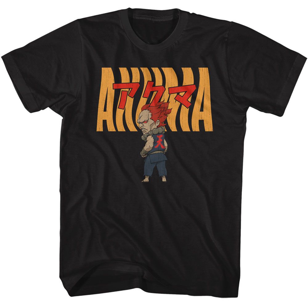 Street Fighter - Akuma Warped Text - American Classics - Solid Black Adult Short Sleeve T-Shirt (Image 1)