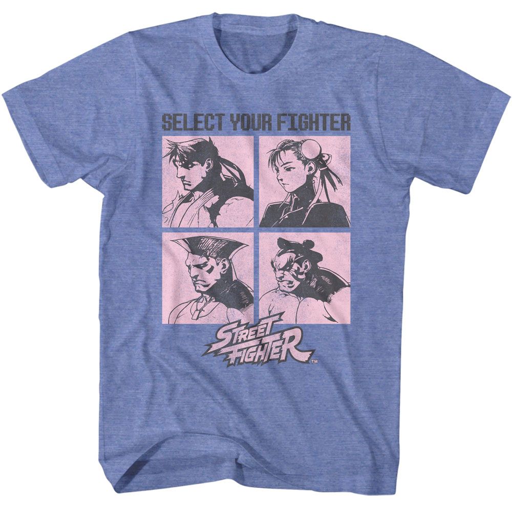 Street Fighter - Select Your Fighter - American Classics - Heather Blue Adult Short Sleeve T-Shirt (Image 1)