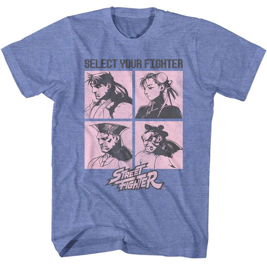 Street Fighter - Select Your Fighter - American Classics - Heather Blue Adult Short Sleeve T-Shirt (Image 1)