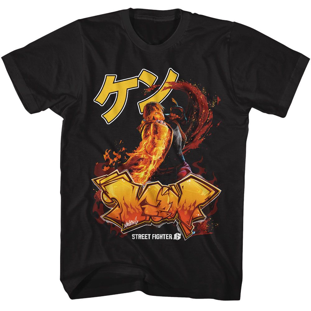 Street Fighter - Ken Graffiti - American Classics - Solid Black Adult Short Sleeve T-Shirt (Image 1)