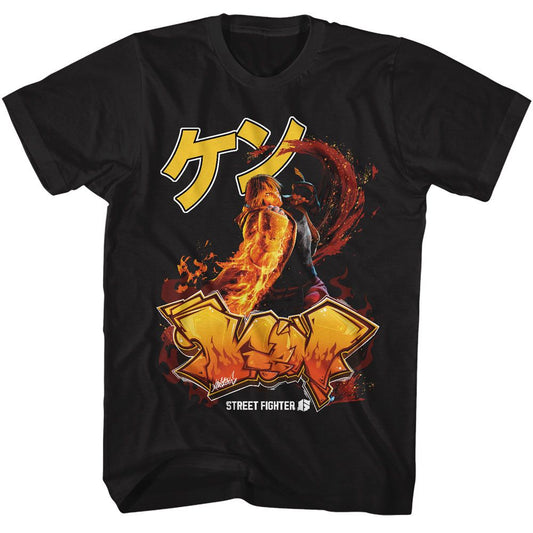 Street Fighter - Ken Graffiti - American Classics - Solid Black Adult Short Sleeve T-Shirt (Image 1)