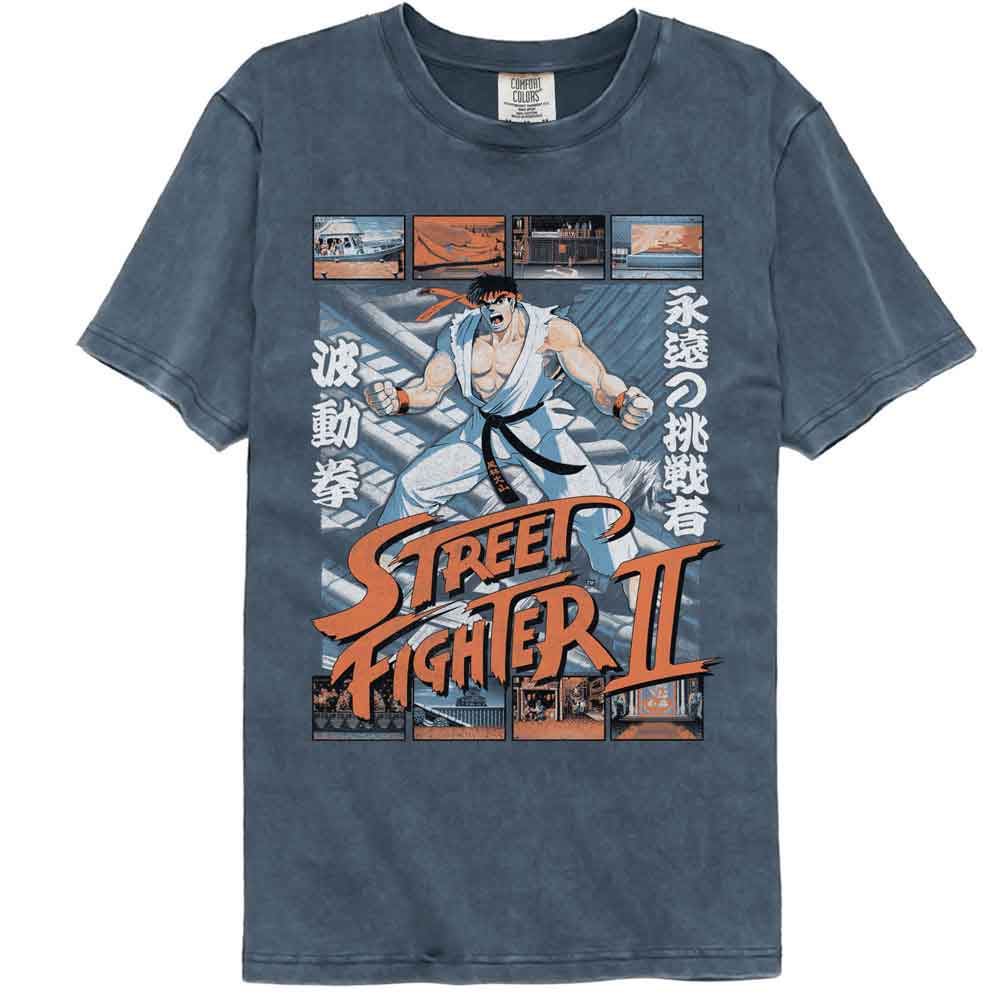 Street Fighter - Ryu W Various Game Scenes - American Classics - Solid Blue Adult Short Sleeve Comfort Color... (Image 1)