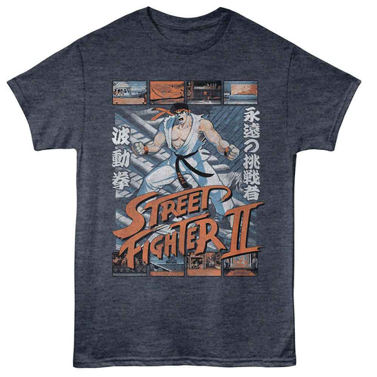 Street Fighter - Ryu Various Game Scenes - American Classics - Navy Heather Adult Short Sleeve T-Shirt