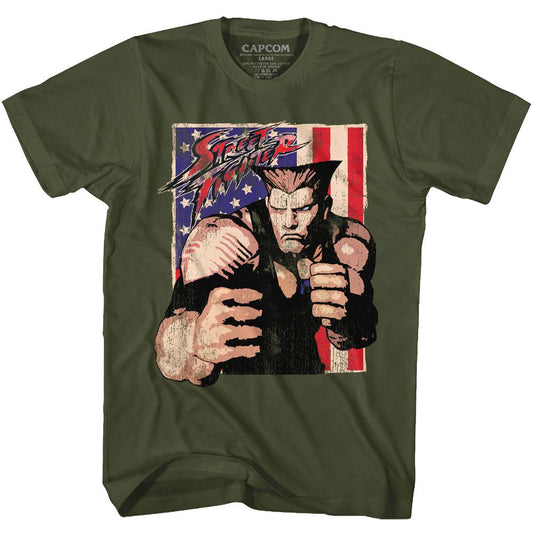 Street Fighter - Guile With Flag - Short Sleeve - Adult - T-Shirt - clothing by TeeHivey.com