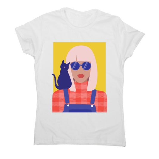 Stylish girl with cat - illustration graphic women's t-shirt