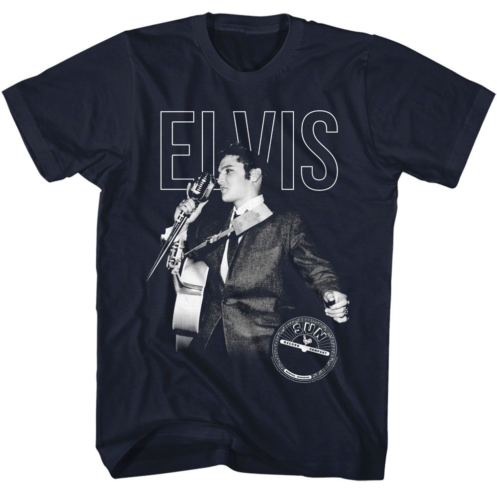 Elvis Presley - On The Mic - American Classics - Solid Blue Adult Short Sleeve T-Shirt