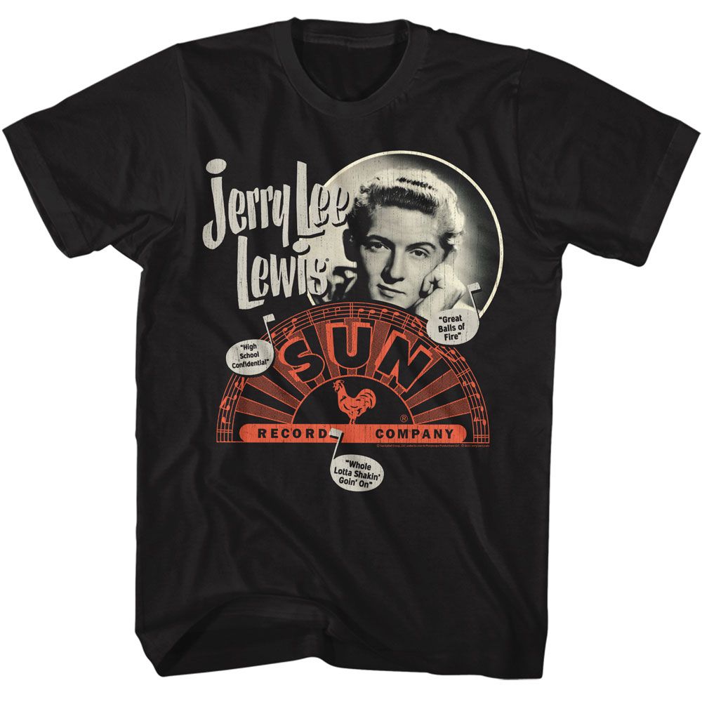 Sun Records - Jerry Lee Lewis Music Note Song Titles - American Classics - Solid Black Adult Short Sleeve T-Shirt (Image 1)