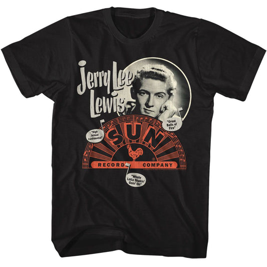 Sun Records - Jerry Lee Lewis Music Note Song Titles - American Classics - Solid Black Adult Short Sleeve T-Shirt (Image 1)