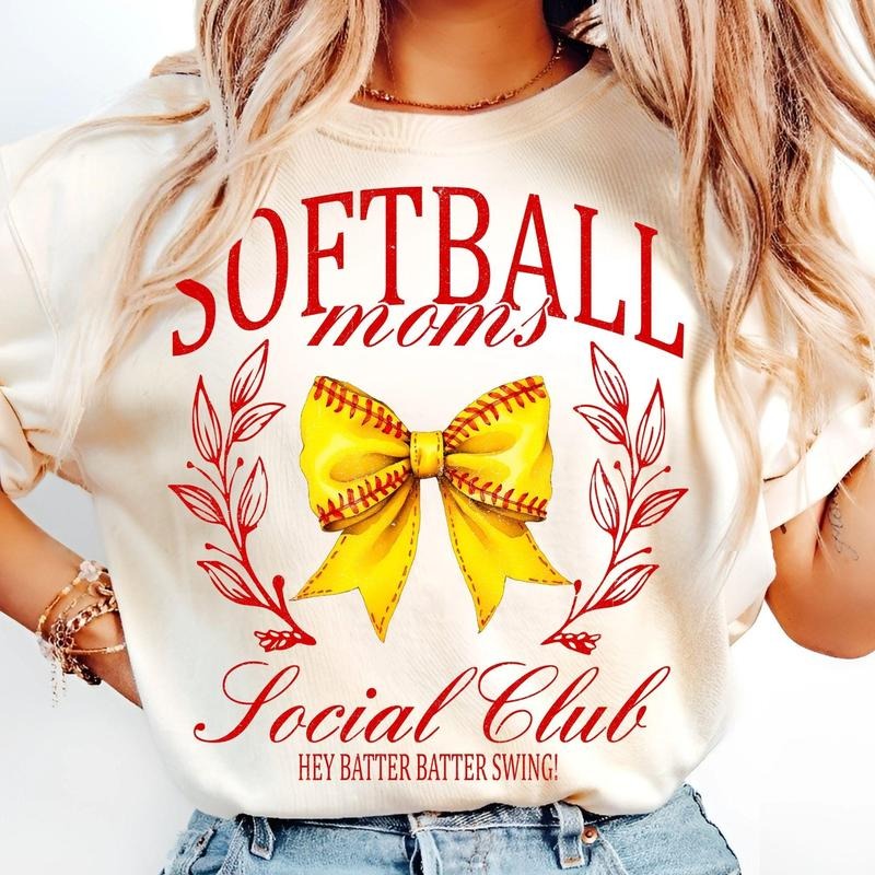 [Sale To 45% Off] Softball Mom Social Club T-Shirt, Coquette Bow Retro Watercolor Softball T-Shirt, Game Day Sidelines