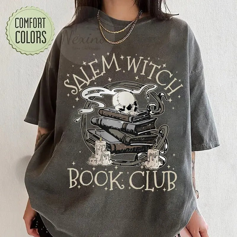 Salem Witch Book Club T-Shirt, Halloween Book Lover Shirt, Salem Massachusetts Shirt, Halloween Library Shirt, Funny Reader Shirt, Retro Skull