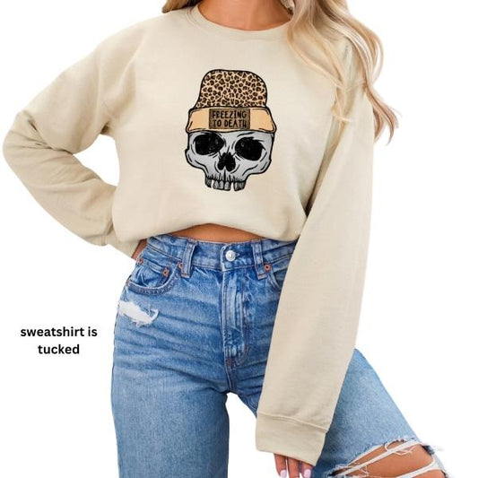 Sand Skull Sweatshirt with Cheetah Print Beanie - 'Freezing to Death' | Perfect for Skull & Skeleton Lovers | Comfy for Lounging & Pairing with Leggings | Cozy Sand Color Sweatshirt Available in Sizes Up to 5XL | Stylish, Fun, & Relaxed Fit  Casual Wear