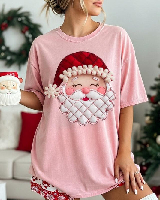 Santa Faux Patchwork Christmas Shirt, Women's Christmas Holiday T-shirt