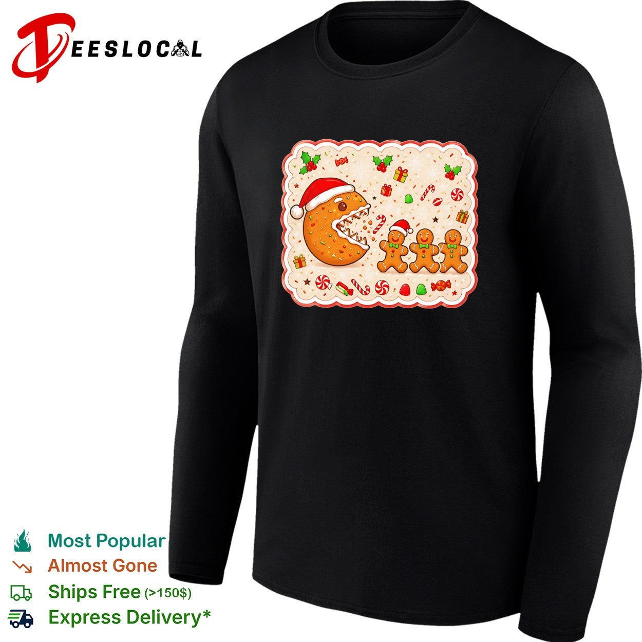Santa cookie monster eating gingerbread men Christmas holiday festive art shirt