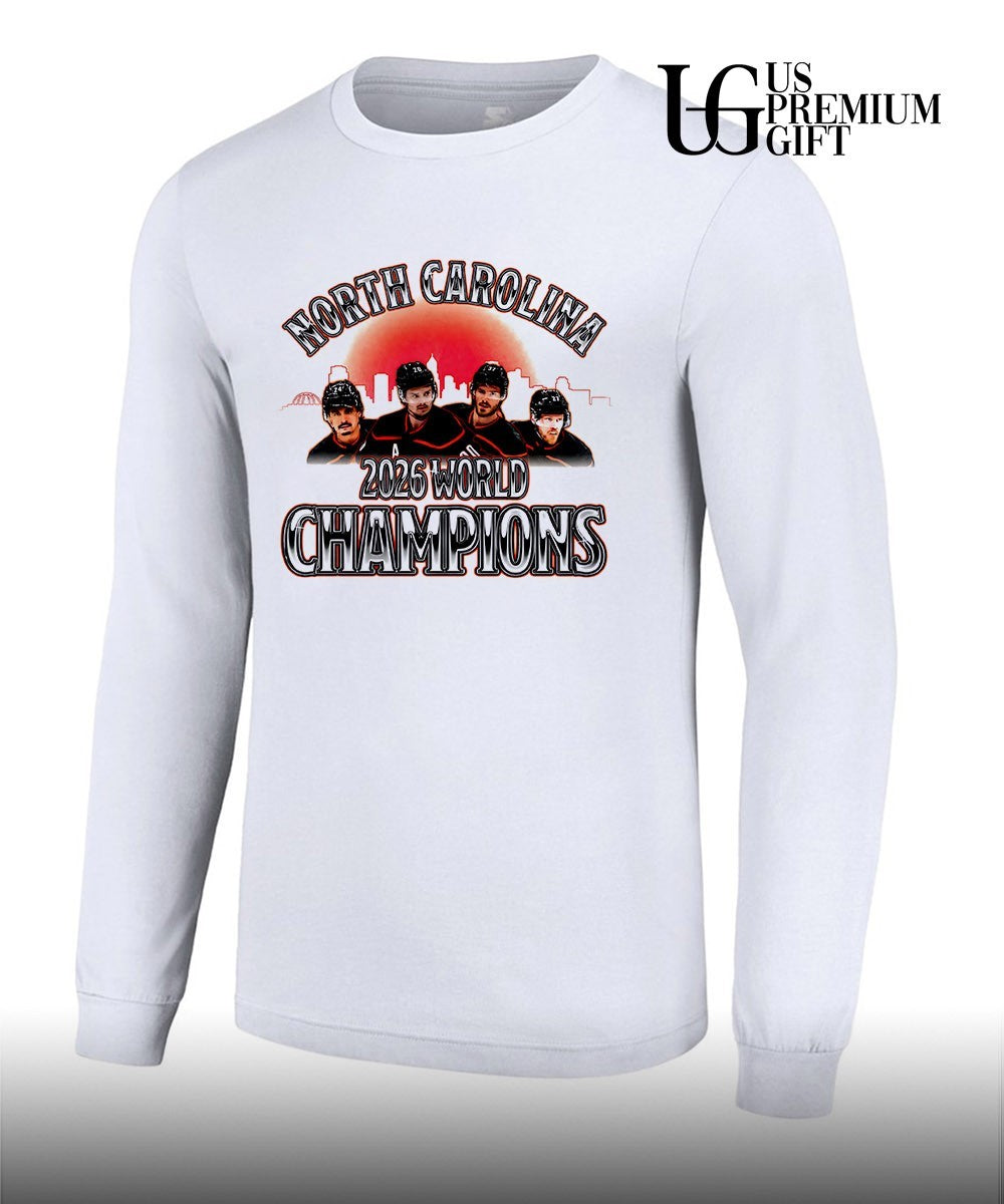 Sebastian Aho Andrei Svechnikov Martin Necas Brent Burns North Carolina Hurricanes NHL 2026 World Champions shirt