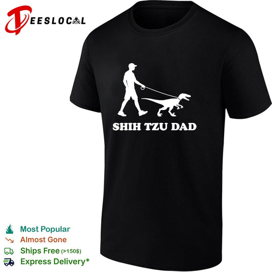 Shih Tzu Dad man walking velociraptor dinosaur on leash humor silhouette shirt