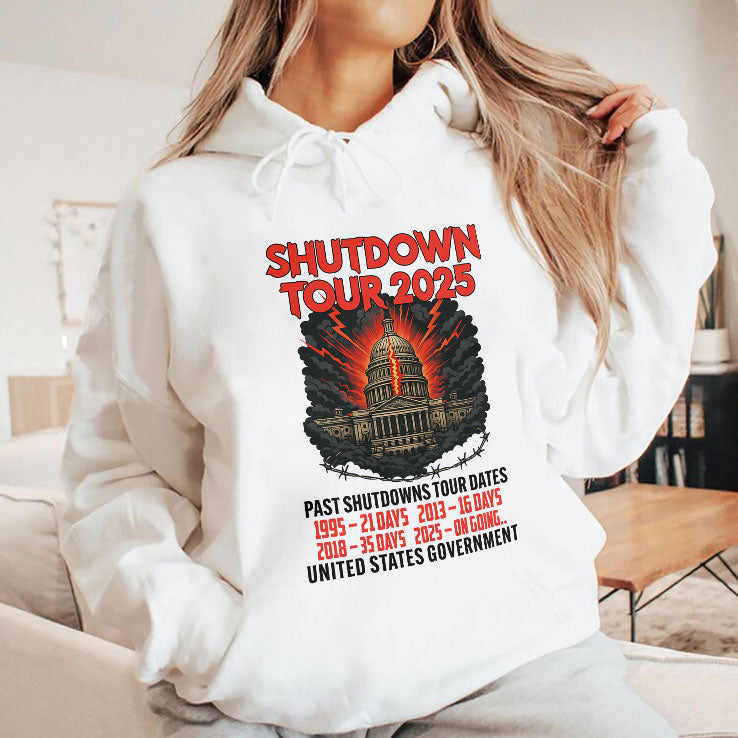 Government Shutdown Tour 2025 Past Shutdowns Tour Dates 1995-21 Days 2013-16 Days 2018-35 Days 2025-On Going T Shirt