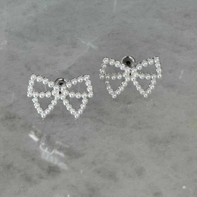 Silver Pearl Bow Stud Earrings