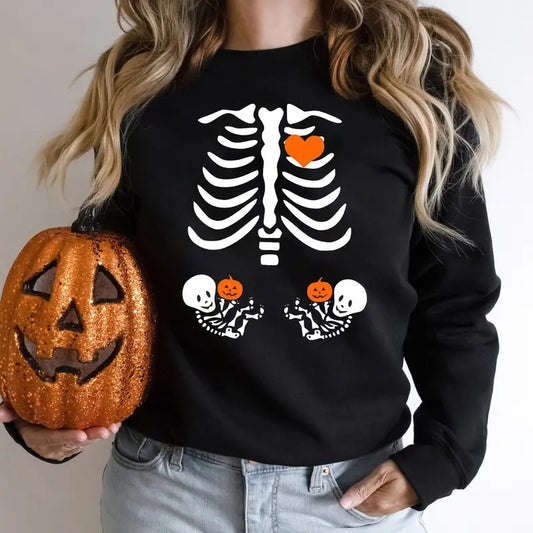Skeleton Halloween Maternity Sweatshirt, Funny Pregnancy Announcement 2024 Shirt, Twin Mama Halloween Crewneck, Fall Halloween Pregnant Women Shirt, New Mom Sweater, Fall Mommy To Be Halloween Shirt, Twin Mom Halloween Gift Shirt
