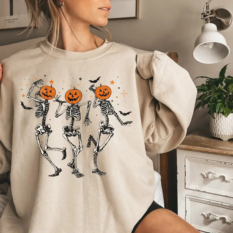 Skeleton Halloween Shirt, Skeleton Dancing Halloween Shirt, Pumpkin Halloween Sweatshirt, Pumpkin Fall Sweatshirt Spooky...