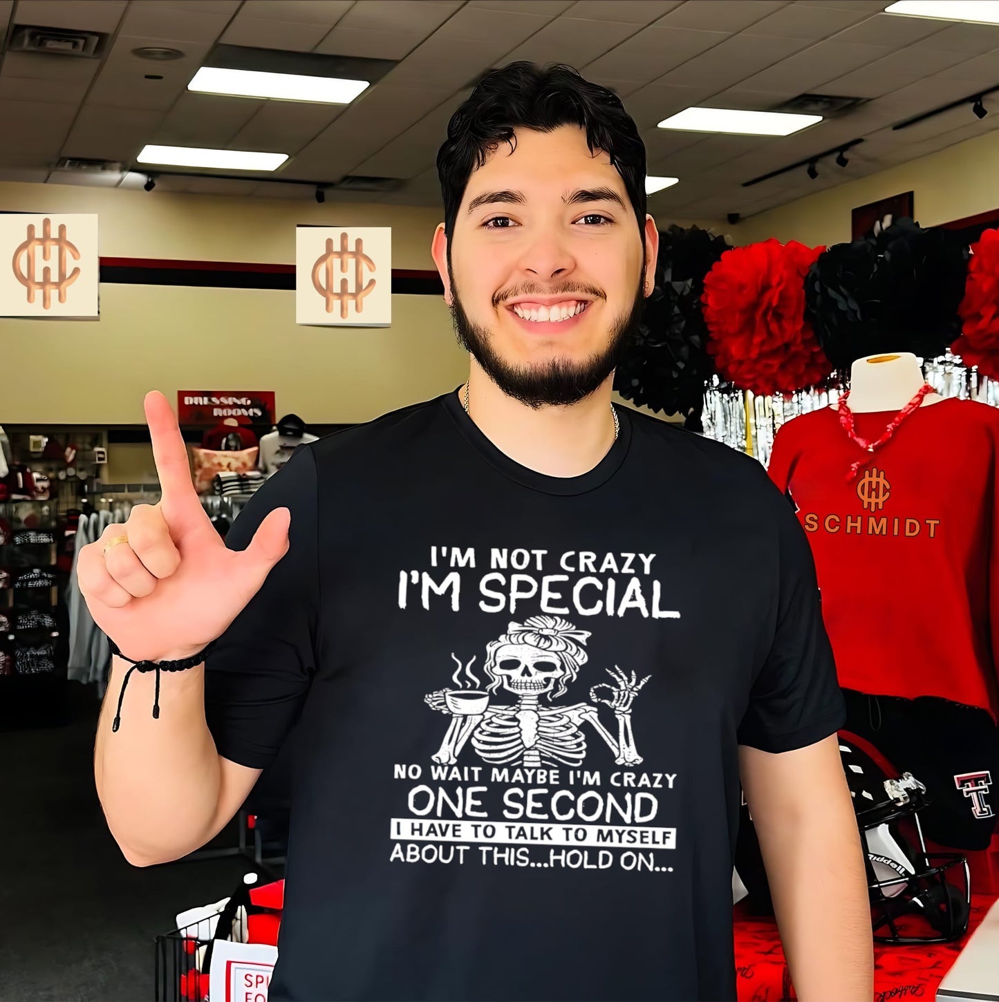 Skeleton I’m not crazy I’m special no wait maybe I’m crazy one second I have to talk to myself about this hold on shirt