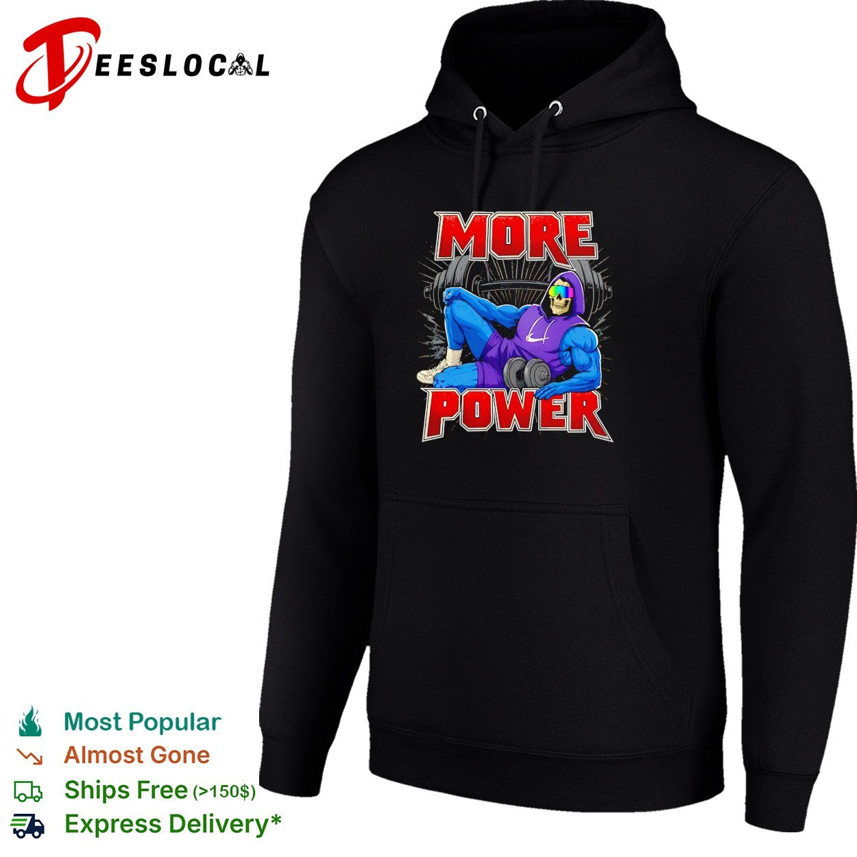 Skeleton musclar wearing purple hoodie more power gym bro shirt