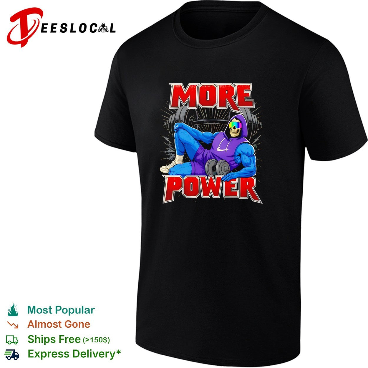 Skeleton musclar wearing purple hoodie more power gym bro shirt