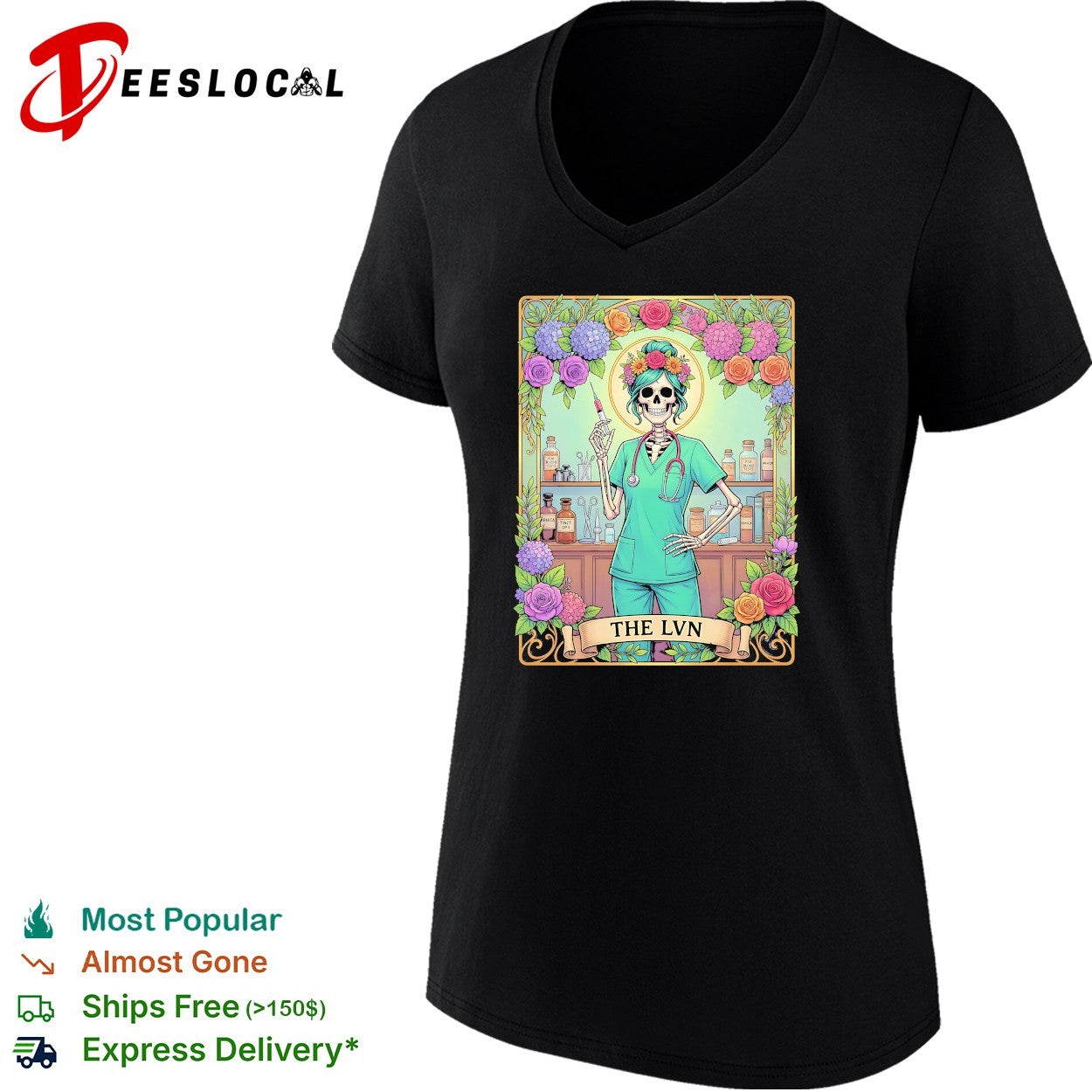 Skeleton nurse holding syringe The LVN shirt