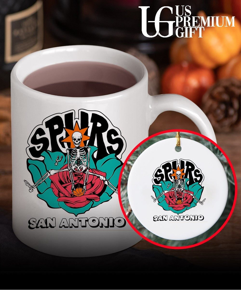 Skeleton sitting in rose San Antonio Spurs Basketball shirt