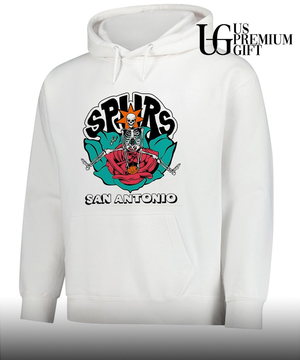 Skeleton sitting in rose San Antonio Spurs Basketball shirt
