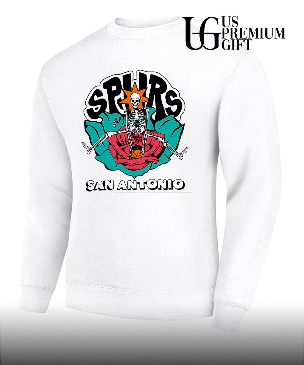 Skeleton sitting in rose San Antonio Spurs Basketball shirt