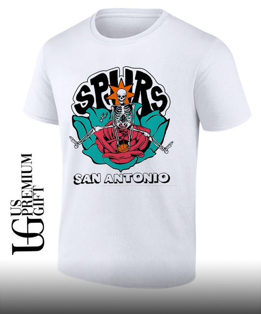 Skeleton sitting in rose San Antonio Spurs Basketball shirt