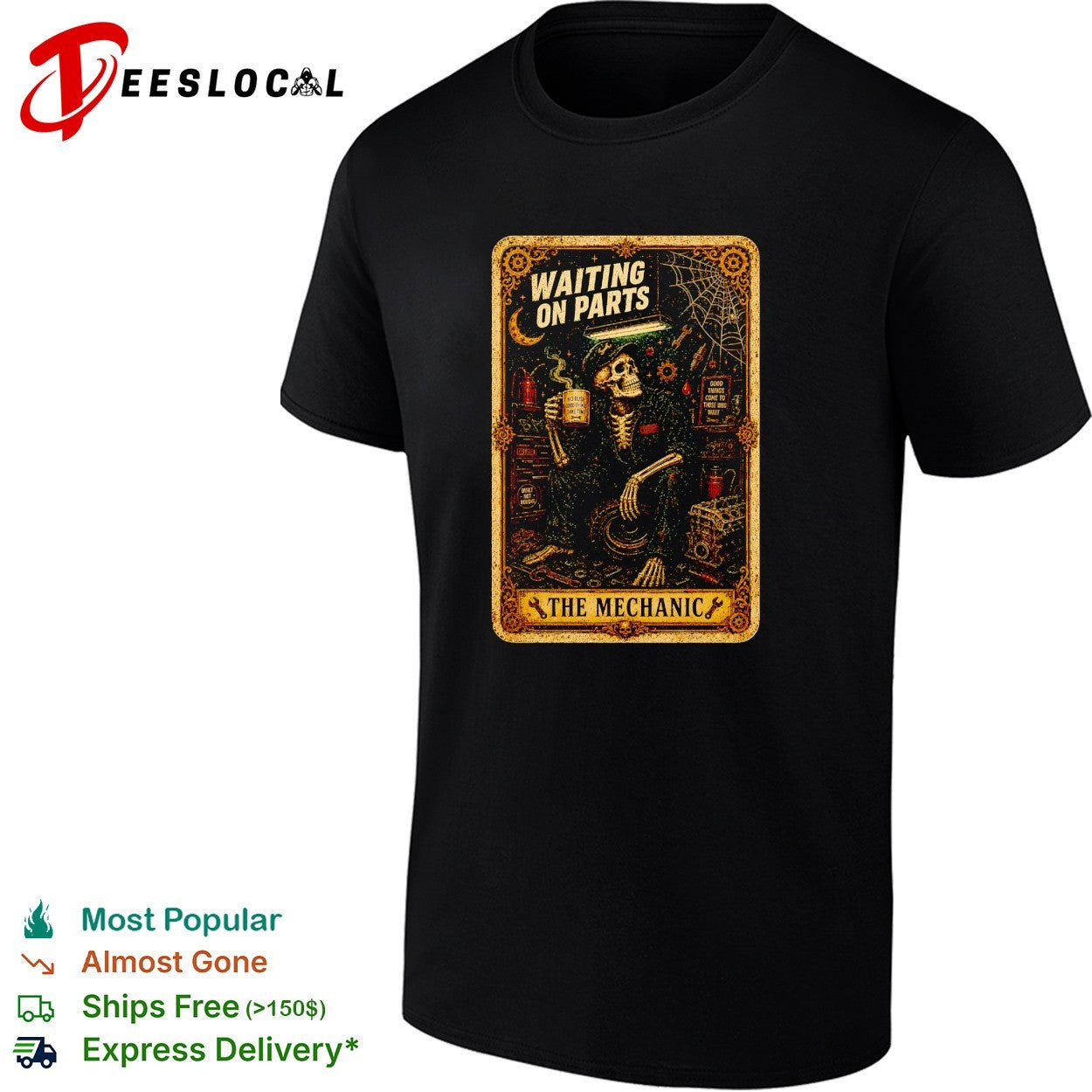 Skeleton waiting on parts The mechanic tarot card illustration shirt
