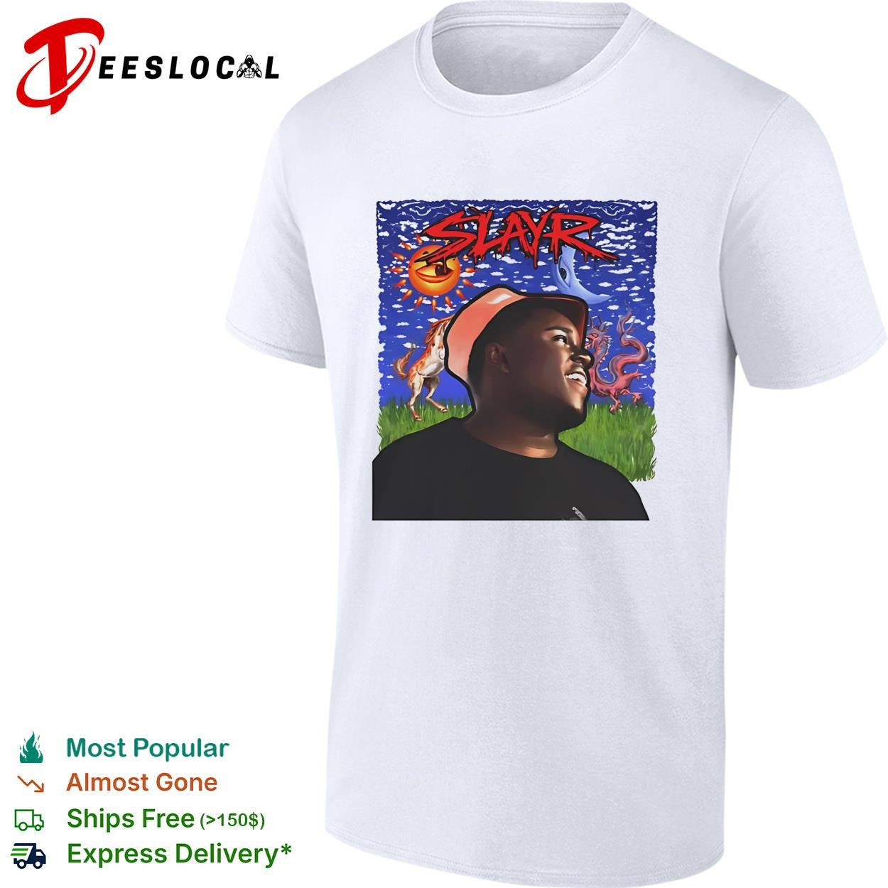 Slayr man portrait illustration under glowing sun and moon eye graphic shirt