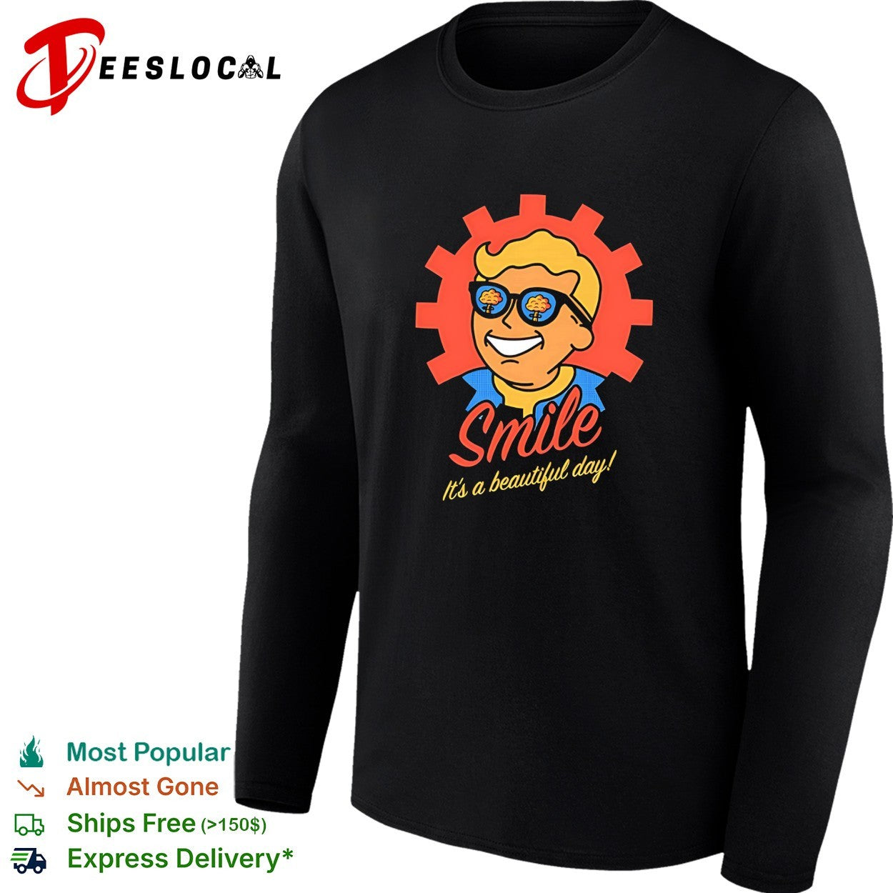 Smile it’s a beautiful day Vault Boy retro gear badge post-apocalyptic art shirt